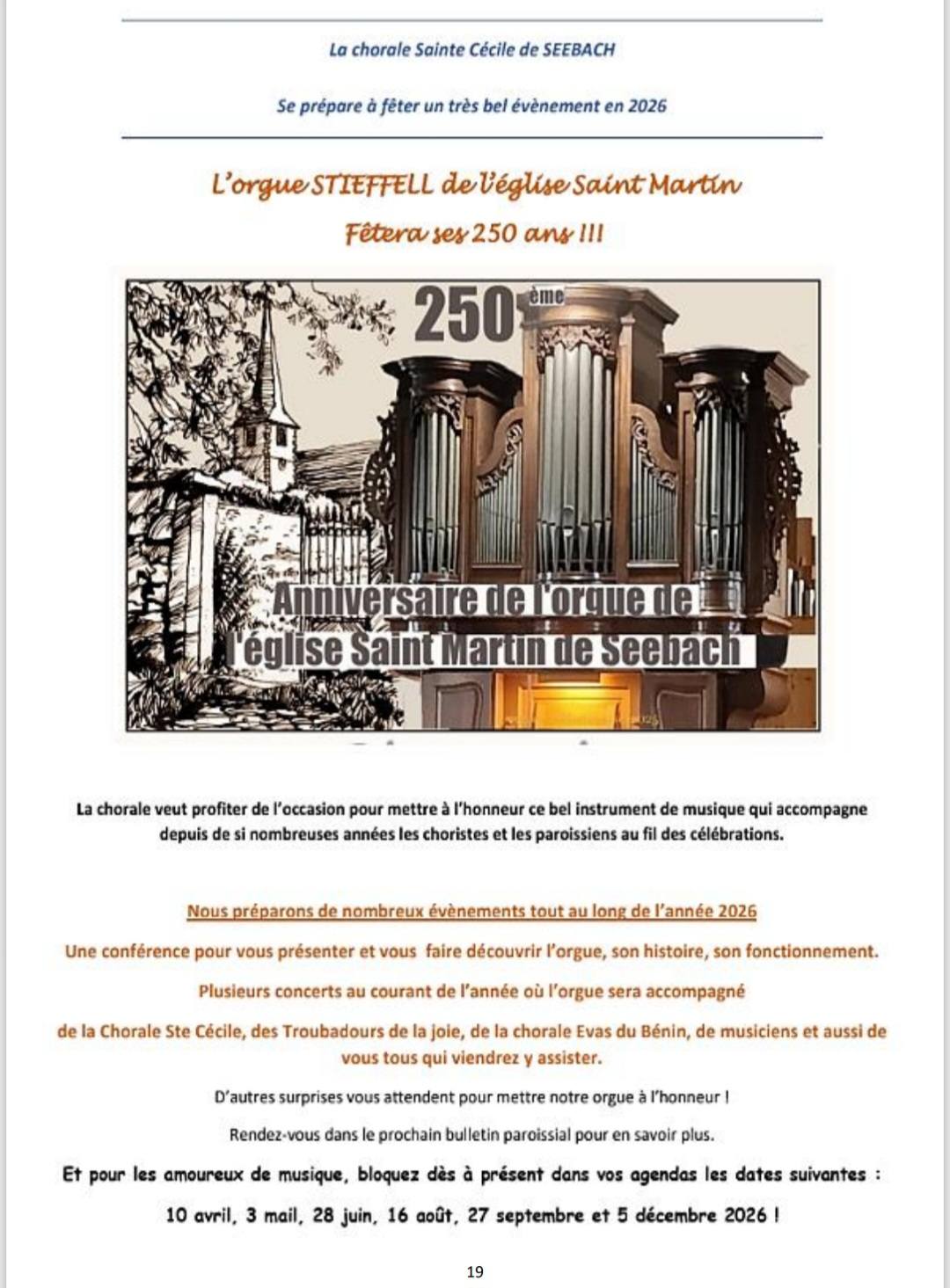 1er concert des 250 ans de l'orgue Stieffell de et à l'église catholique de Seebach le 10 avril 2026
