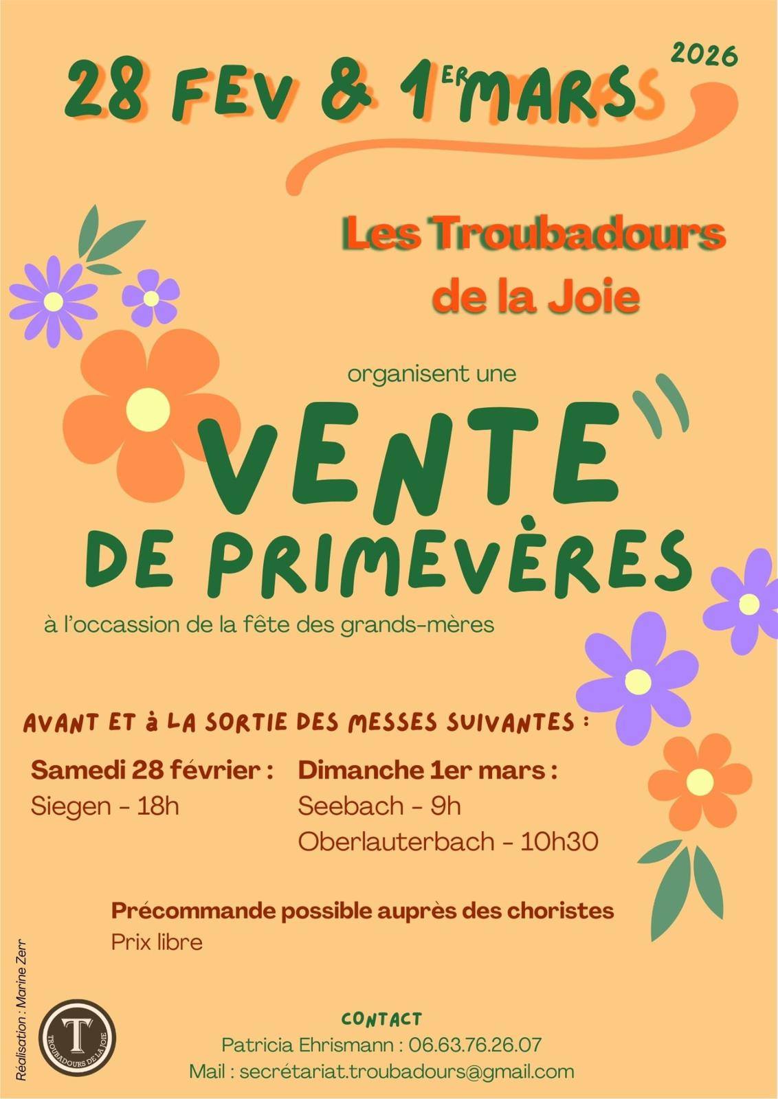 Affiche de l'événement Vente de primevères à l'occasion de la fête des grands-mères organisée le dimanche 1er mars 2026 par l'association Les Troubadours de la Joie sur le parvis de l'église catholique à 10h