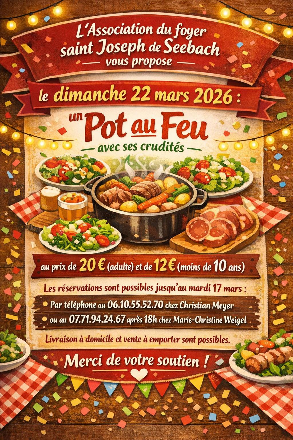 Affiche événement Pot au feu du dimanche 22 mars 2026 à midi organisé par l'association du foyer St Joseph de Seebach